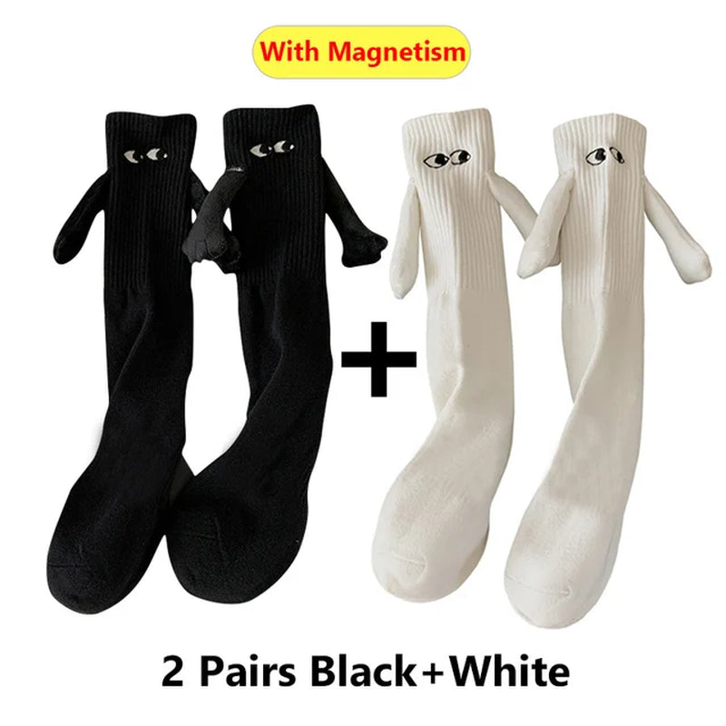 Harajuku Couple Cotton Sock Magnetic Suction Hand in Hand Socks Black White Unisex Holding Hands Long Socks